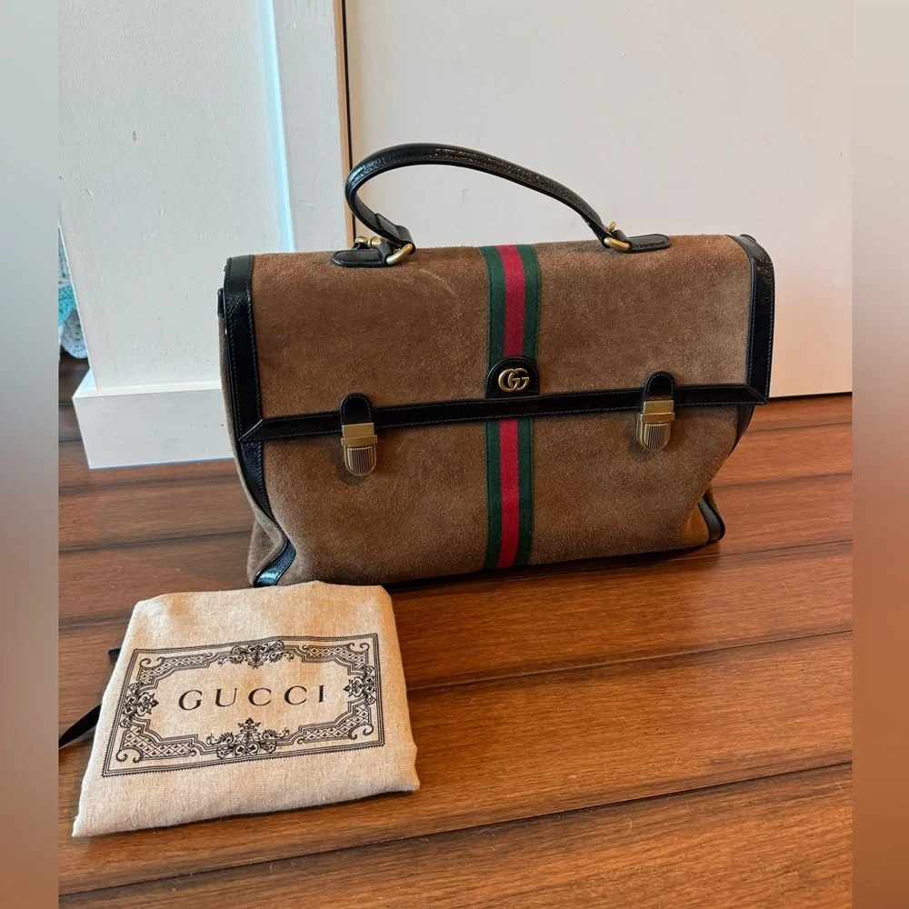 Gucci Brown Suede Briefcase with Green and Red Web Stripe